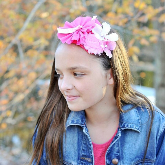 Pink flower headband tween boho headband by NewbornHairPretties