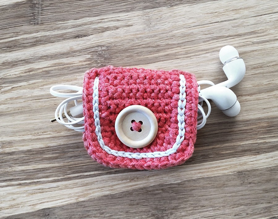 Coral Crochet Cord Holder Headphone Organizer Earbud