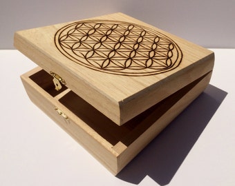 Flower of Life Crystal Grid Storage Box Wood Hand Burned Sacred Geometry