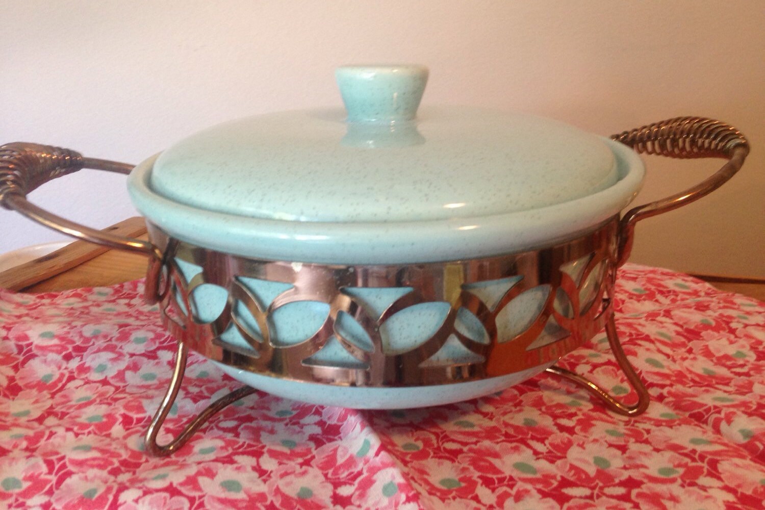 Vintage Blue and Gold speckled Bauer Covered Casserole dish, and Gold