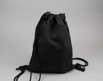 The Daniel Drawstring Backpack // Black Waxed Canvas Backpack/Tote with Rope Drawstring
