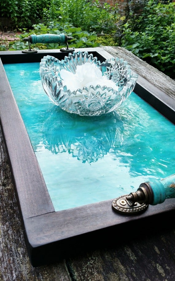 Serving TrayWood and Aqua Green Art by TraysAndTables on Etsy