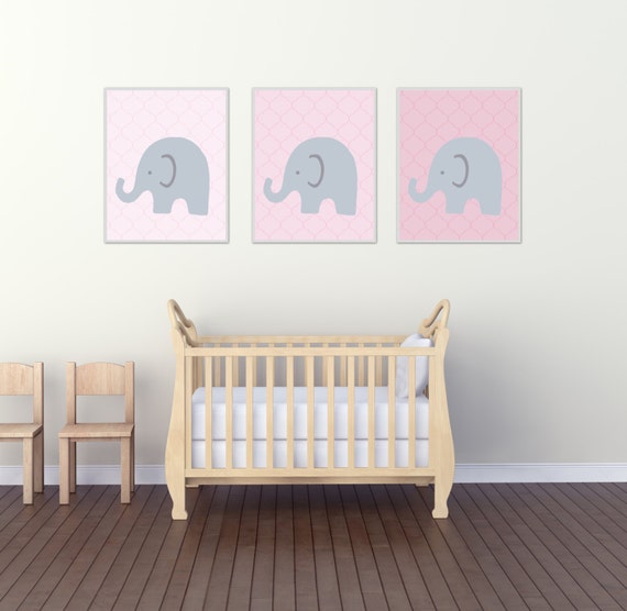 Elephant Nursery Wall Print, Pink Elephants Wall Art Prints, Pink and Gray Nursery Prints, Baby Girl Bedroom Decor N315,316,317