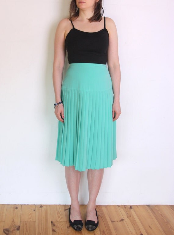 70s Pleated Midi Skirt Mint Teal Turquoise Green Midi 7487