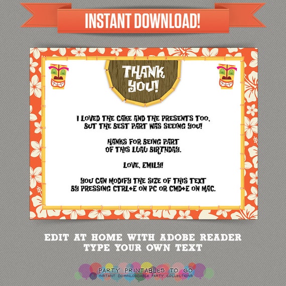 Luau Party - Hawaiian Party Editable Thank you Cards - Editable PDF file - Print at home Il_570xn