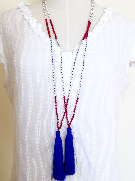 Tassel Necklaces, USA Blue red white flag fourth of july mala beads