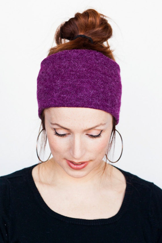 Wide Purple Knit Headband Stretchy Tube Headband Yoga Hair band Boho Shabby Chic Large Hair
