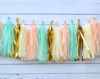 Peach Mint Tassel Garland Kit Rustic Chic Wedding Decor, Bridal Baby Shower Decorations, Mint Gold tissue Garland Peach tissue fringe banner
