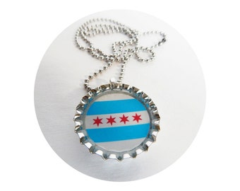 Chicago Flag Bottle Cap Necklace with Stainless Steel Ball Chain - Unisex