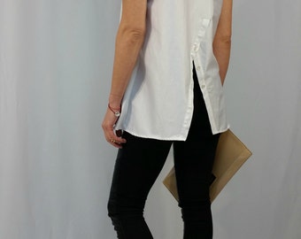 Oversize Cotton Tunic Top / White Loose Casual Shirt / Summer Blouse / Asummetric Women Top / EXPRESS SHIPPING / MD 1004