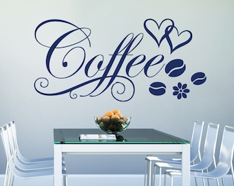 Wall Decal Quote Vinyl Sticker Decal Art Home Decor Mural Decals Quotes Coffee Flower Coffee Beans Hearts Decal Cafe Kitchen Bedroom MS425