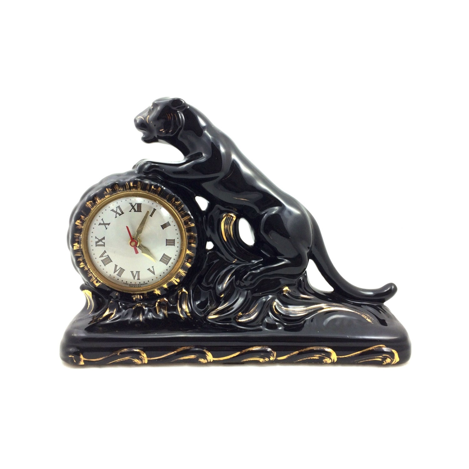 Vintage Black Panther Ceramic Clock by Sessions circa 1960s