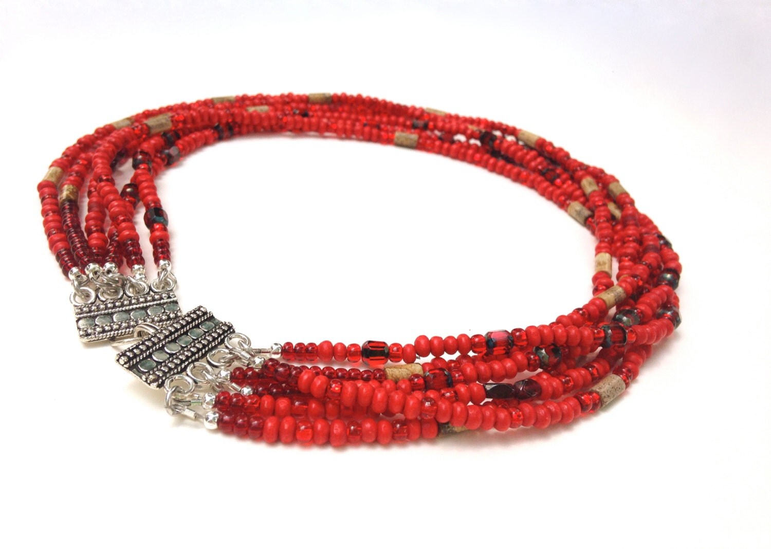 Red Seed Bead Multi Strand Choker Necklace with by ZandrasJewelry