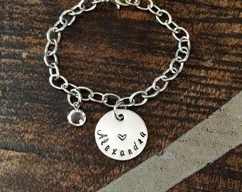 Girls Charm Bracelet Handstamped Bracelet Heart Bracelet Personalized Bracelet Charm Bracelet Bracelet for Girl Birthstone Jewelry Birthday