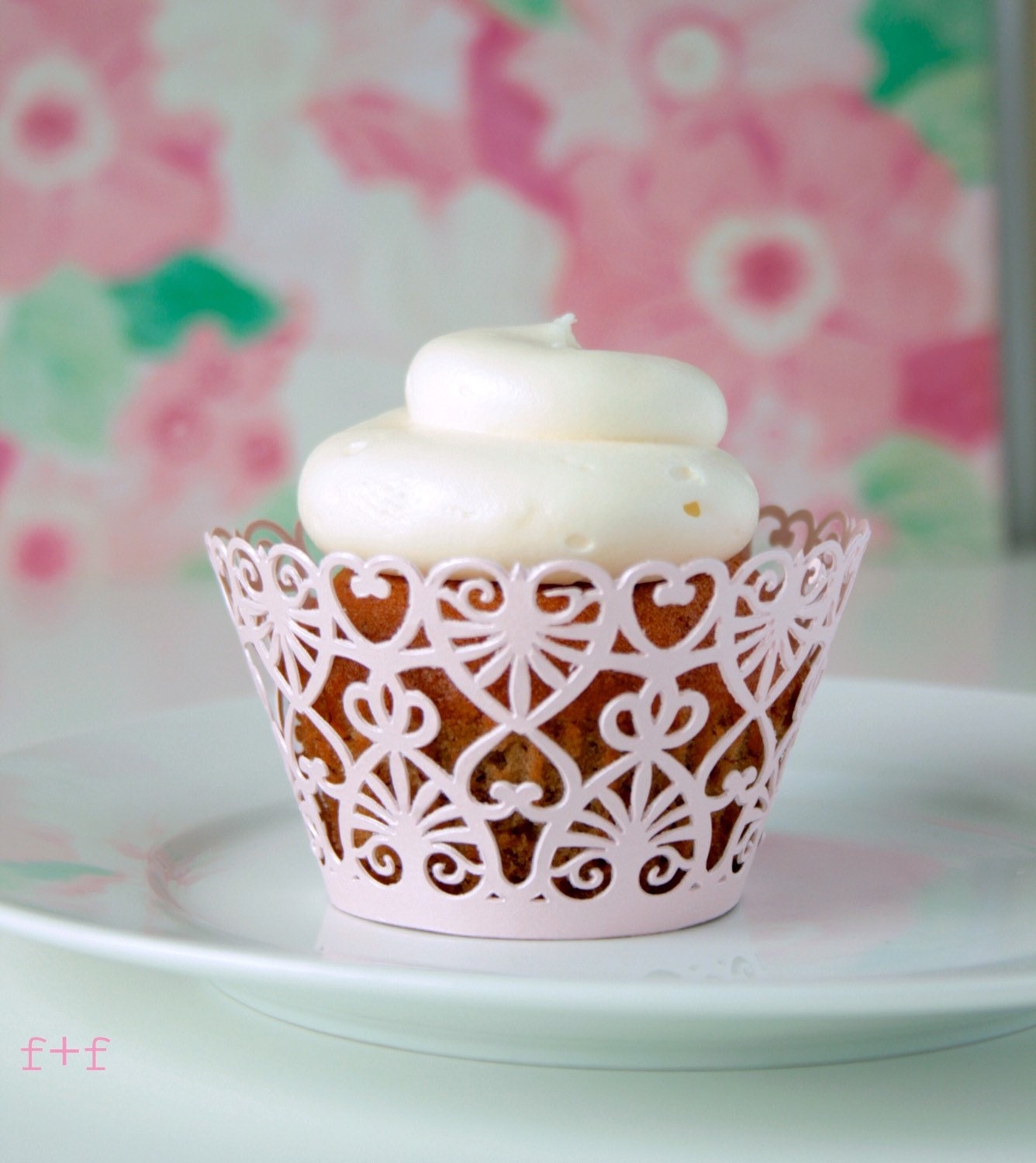 Blush Pink Cupcake Wrappers 12 Pink Lace Heart by FizzAndFete