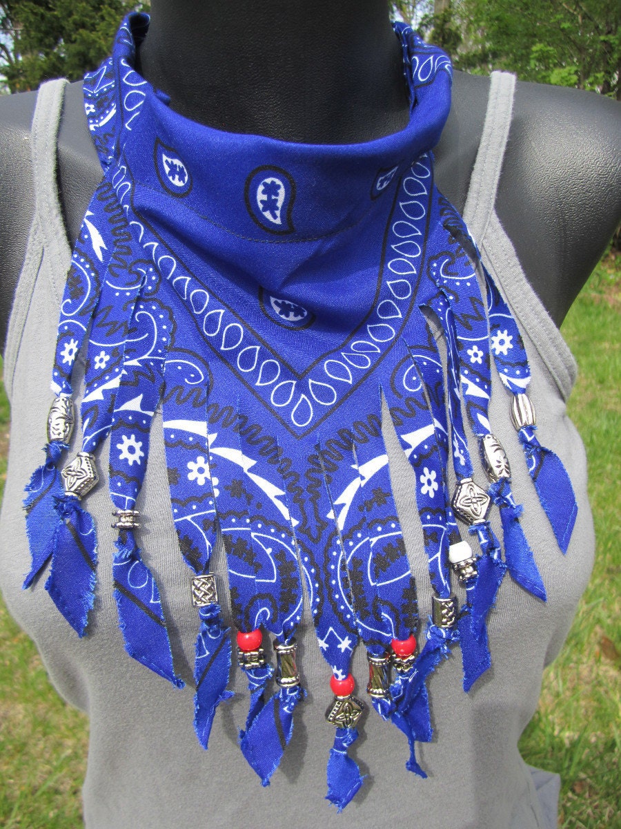 Upcycled Blue Bandana Fringe Necklace with beads Silver