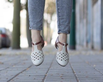 White Leather Sandals, Leather Flats, White Cutout leather Sandals, Summer Shoes , Free Shipping