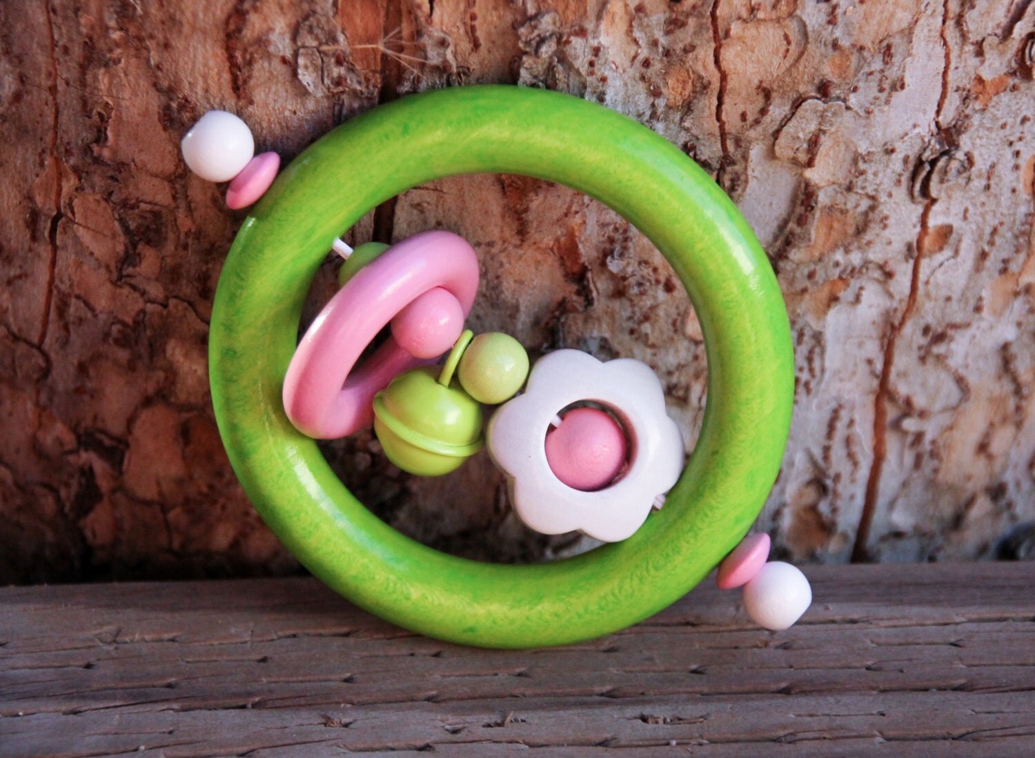 Wooden teether rattle natural baby toy baby girl gift