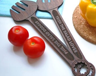 Salad Dodgers Serving Spanners - Engraved wooden salad spoons - personalised foodie gift - 5 year anniversary gift - custom serving spoons