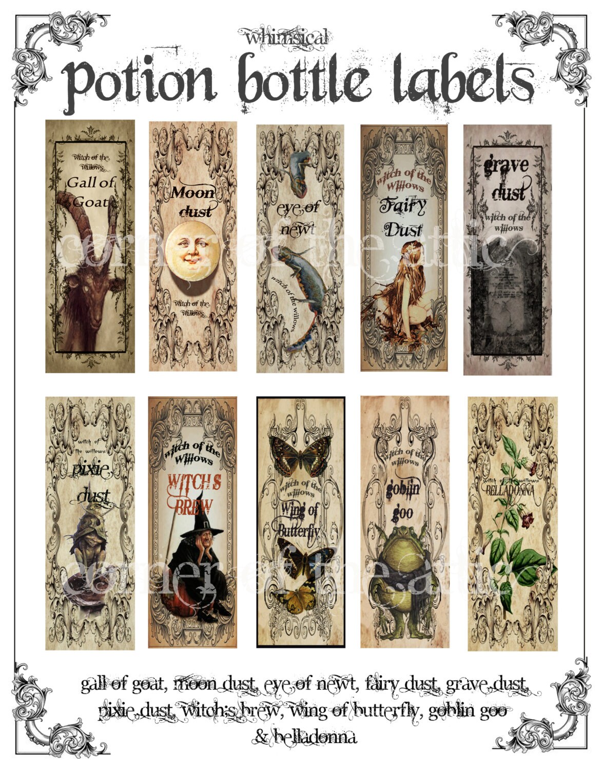 Whimsical potion bottle labels for Halloween Digital download