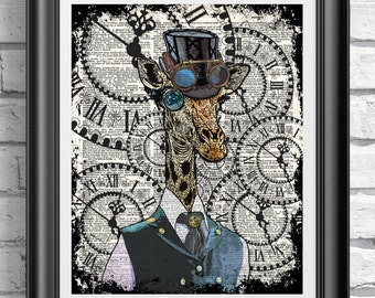 STEAMPUNK Giraffe Painting ORIGINAL Art, Steampunk Decor Steampunk Print Steampunk ANIMAL Artwork, Funny Wall Art Poster, Monocle Giraffe