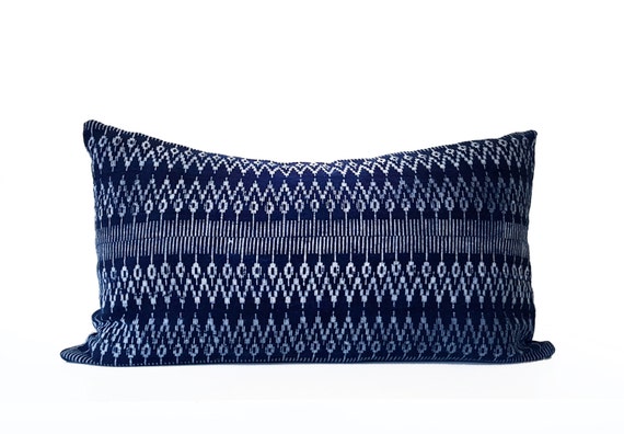 Geometric Indigo Batik Hmong Pillow, Hand-dyed by Tribal Women, Natural Indigo, Blue, White, 14" x 24"