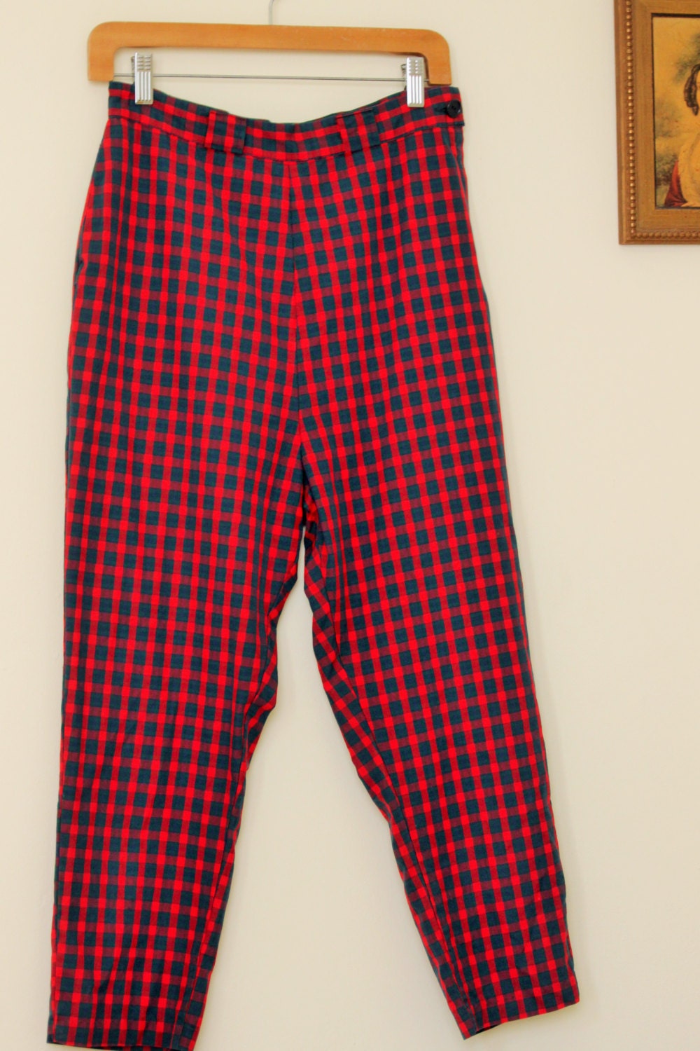 Vintage 60s Cigarette Pants / 60s Plaid Pants / Red and Green