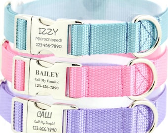 Personalized Dog Collar, Engraved Pet ID Tag, Small Dog, Large Dog, Name Plate Adjustable Dog Collar, Lavender, Pink, Baby Blue