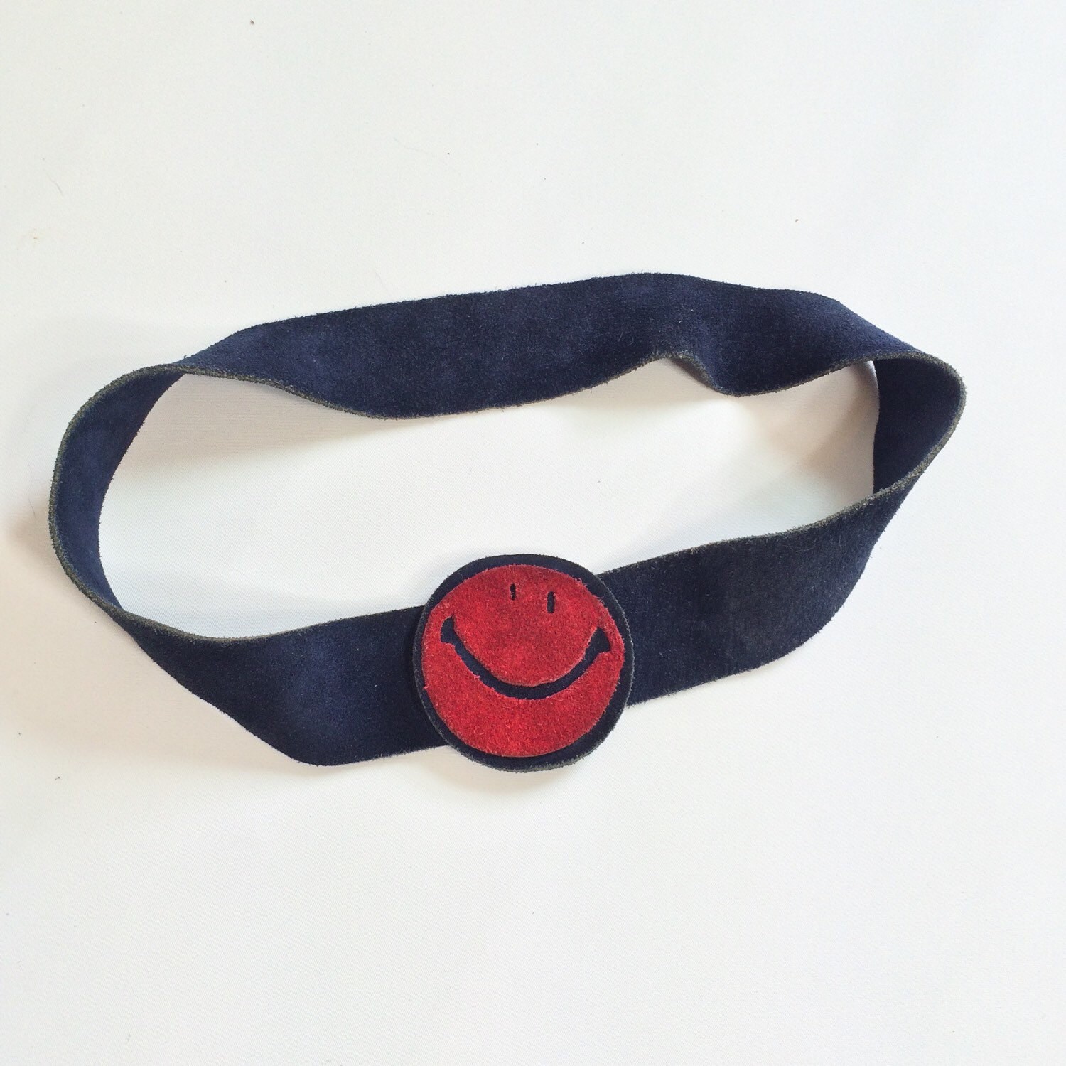 70s SUEDE Smiley Face Belt Small 27 28 Medium Navy Blue Red Smile Wide