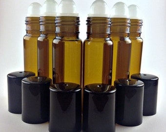 6 10ml Amber Roll on Bottles, Glass Rollerballs, Black Caps, New Roller Bottles for Essential Oils, Perfume Bottles, 10ml sz, 6 Bottle Lot