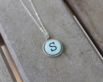 Mint Green, Initial Necklace, Sterling Silver Chain, Oxidized Silver Pendant, 18 inch Chain, Personalized Necklace, Bridesmaid Gift Ideas