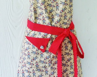 Sock Monkey Apron, Polka Dots, Women's Apron, Retro Full Apron, Sock Monkeys, KitschNStyle