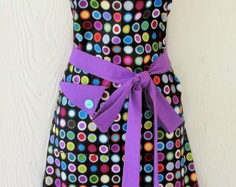 Polka Dot Apron, Colorful Medallions, Orchid and Black Apron, Vintage Style Apron, Women's Apron, KitschNStyle