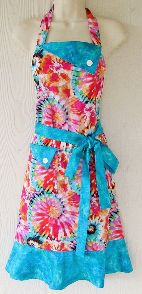 Apron Turquoise Tie Dye Retro Style Full Apron