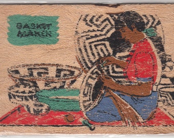 Native American Indian Making Papago Baskets Hand Painted Postcard On Yucca 1940s