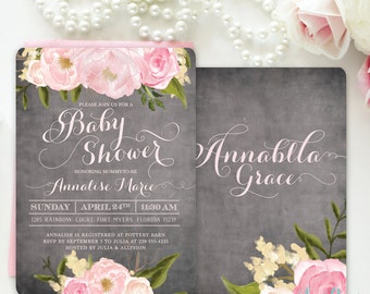 Baby Girl Shower Invitation, Floral Baby Shower Invite, Girl Baby Shower Invite Blush Pink Roses Peonies Chalkboard, Printed Printable Emily