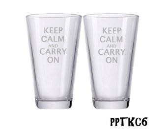 Keep Calm and Carry On / Personalized Beer Glass / Engraved Beer Glasses / Custom Etched Pint / Multiple Designs - Set of 2