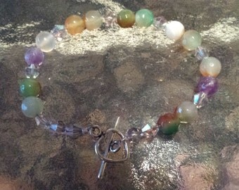Bracelet Aurora Borealis Crystals + Red Green Agate Beads Healilng D244-3