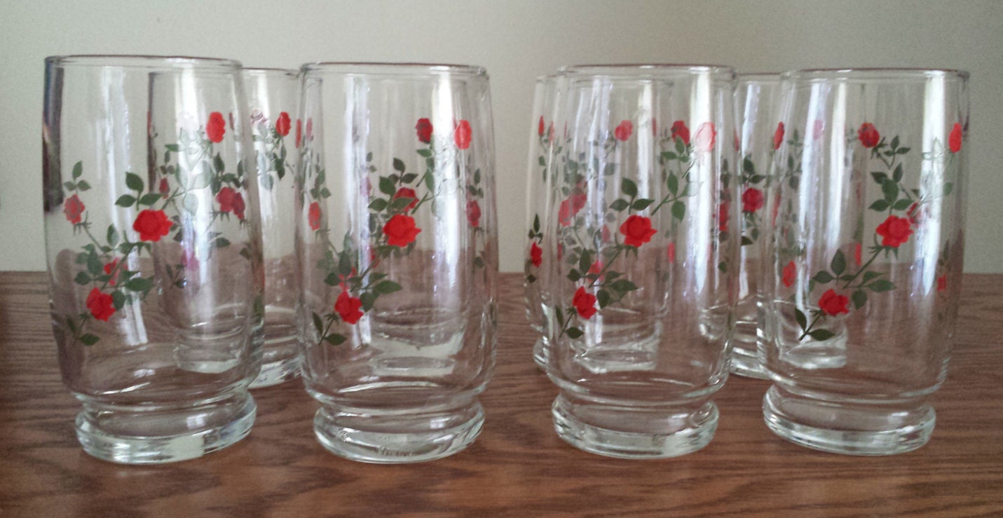 Vintage Rose Drinking Glasses Set of 8 Tall by VintageRoseandLace