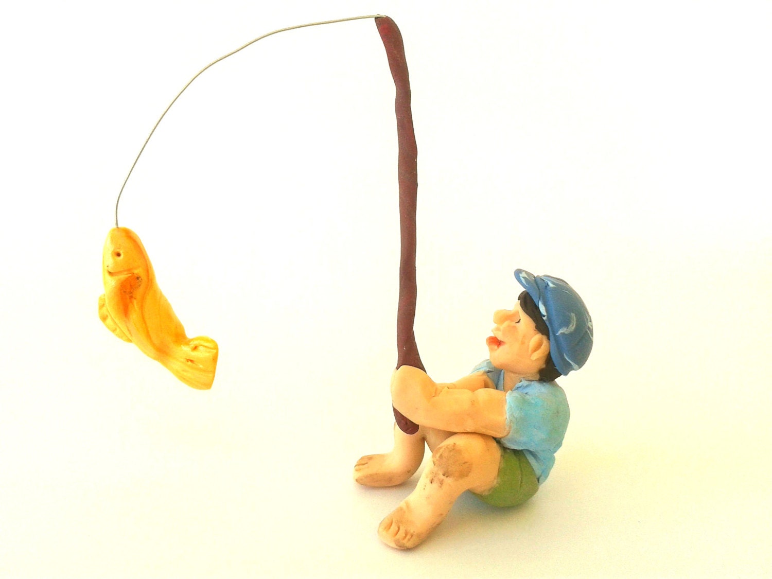 Boy Fishing Figurine Polymer Clay Ornament Gone Fishing