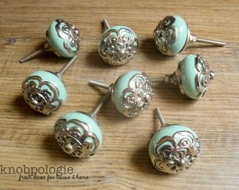 SET OF 8 - Mint Green Ceramic Knob with Silver Filigree Overlay - Seamist Seafoam Blue Drawer Pull - Shabby Chic Home Decor - Beach Theme
