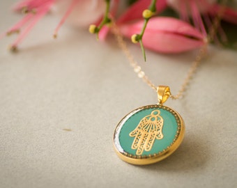 Jewish jewelry, hamsa necklace, kabbalah necklace, gold hamsa hand, resin jewelry, hand of fatima, gift under 50 gift for her