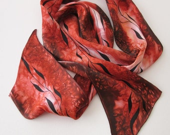 Orange Scarf, Hand Painted Silk Scarf, Orange Silk Scarf, Brown Silk Scarf, Black Leaf Design, Autumn Colors, One of A Kind