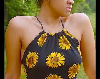 Halter Top , Sunflower Halter Crop Top, Stretch Print 70's Style ,Sm- med 8-10, 100 Handmade By: Von'Dez ( Tranquilityy )
