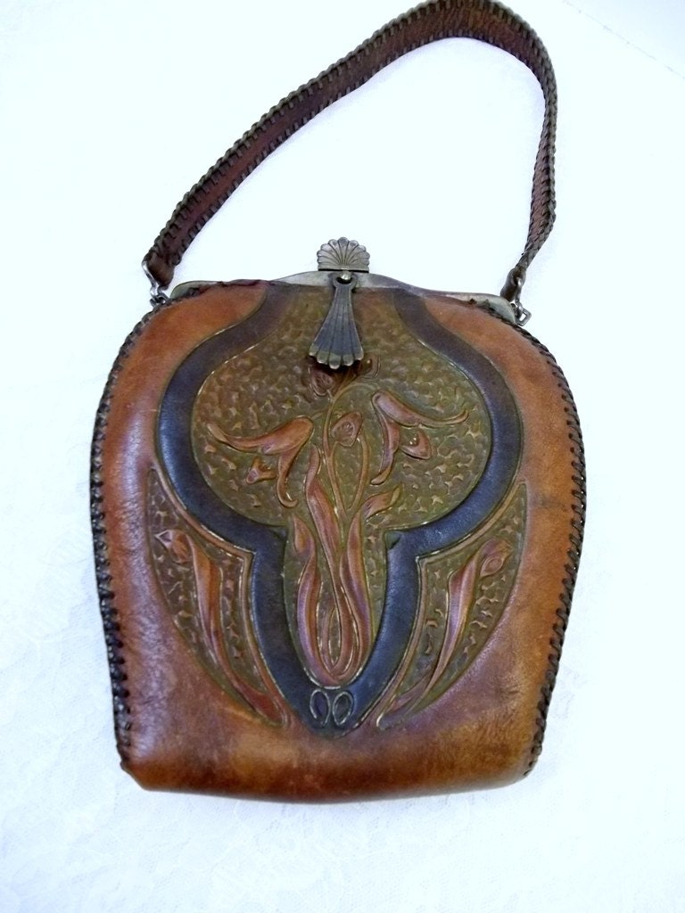 Antique Jemco Tooled Leather Purse Turnloc Clasp Closure Art