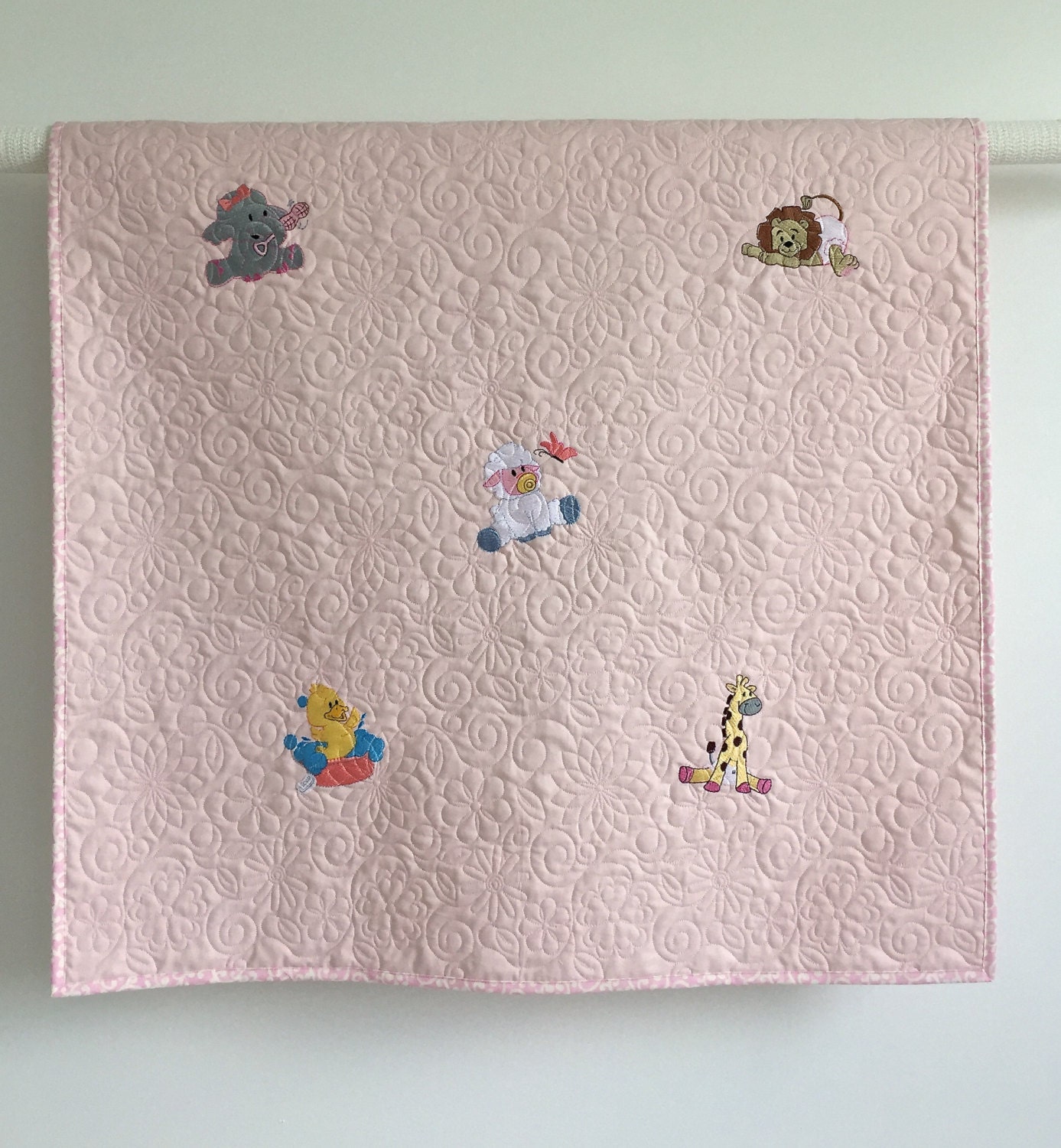 Whole Cloth Baby Quilt with Embroidery Giraffes Lions