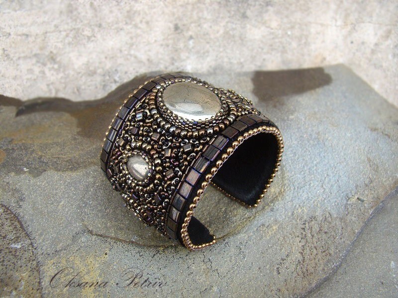 Wide bronze cuff bracelet modern statement gemstone
