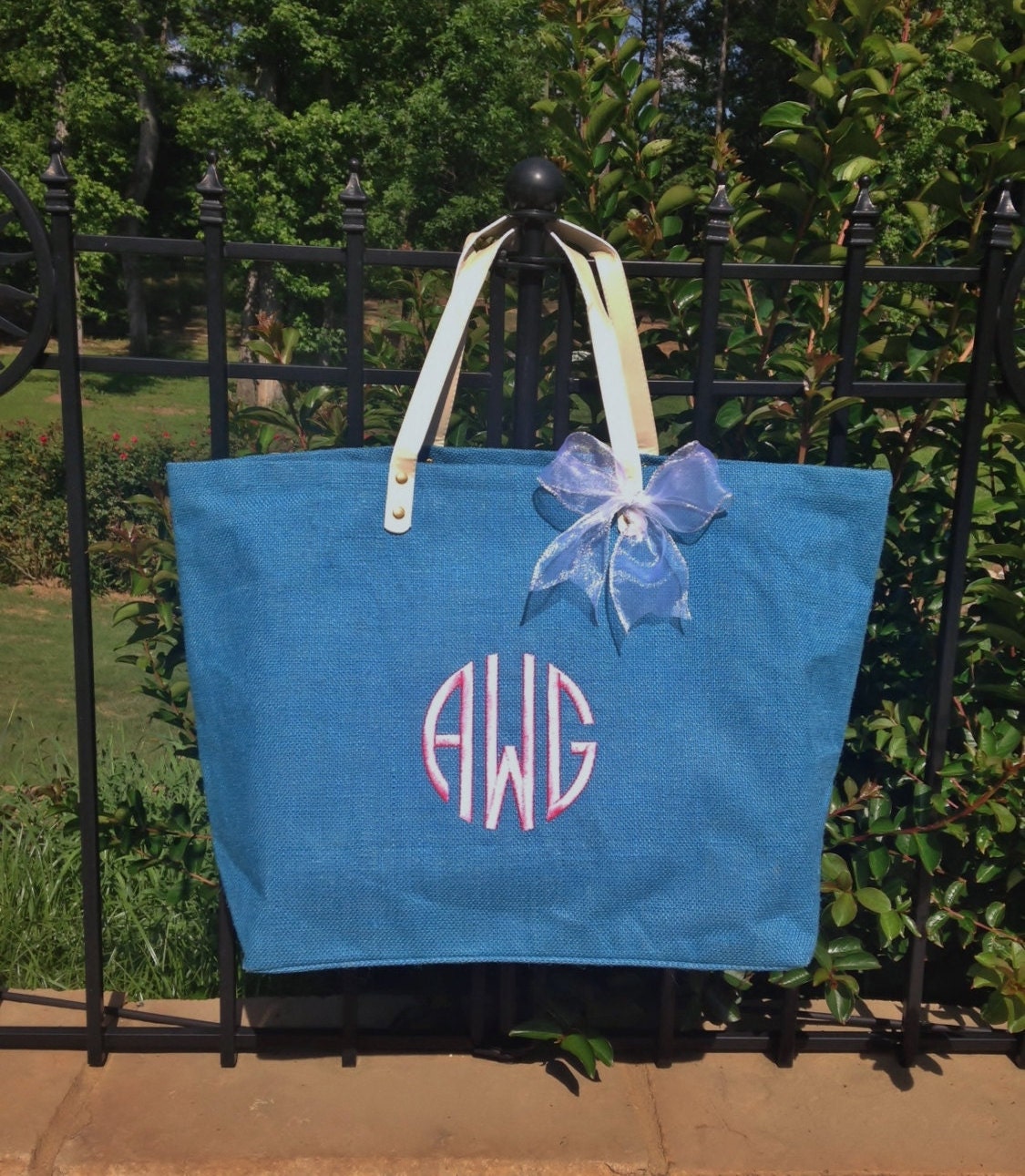 Mud Pie Solid Blue Jute Tote Reuseable Grocery Bag Beach