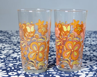 Set of 2 orange & yellow mod flower drinking glasses - French 60s 70s vintage