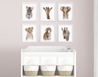 Baby Animal Prints, Safari Nursery Art Print Set, Jungle Animals, Nursery Prints, Animal Art, Lion, Giraffe, Tiger, Elephant, Monkey, Zebra